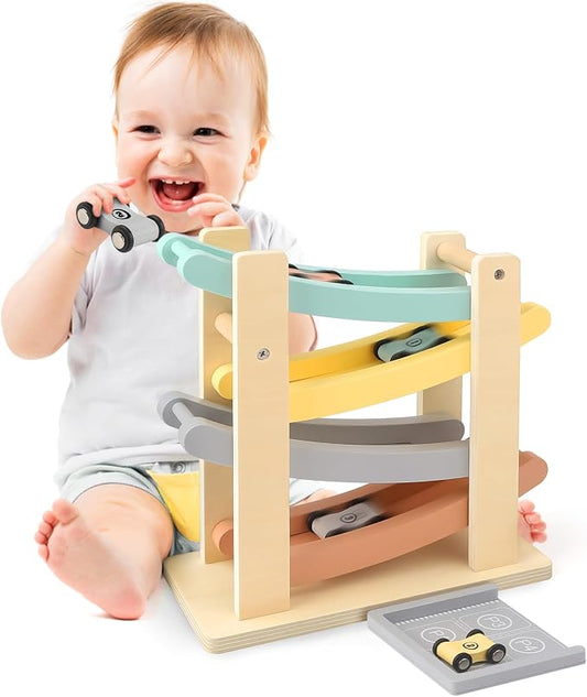 Vanplay Montessori Toys for 1 2 Year Old Boy Gifts - One 1st Birthday Gift | 4 Level Wooden Car Ramp Toy with 4 Mini Cars, All Wood, Fully Assembled, Race Track Car Truck Toys for Toddlers 1-3-2-4