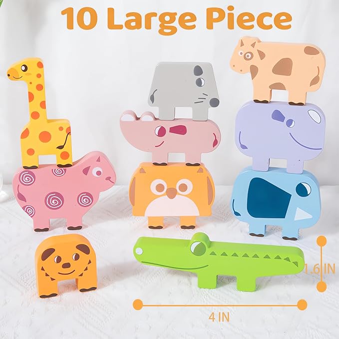 Montessori Toys, 10 PCS Wooden Animal Blocks Baby Stacking Set | Preschool Educational Learning Puzzles, Sensory Sorting Toys for 0 1 2 3 4 Year Old Kids Toddlers Girl Boy, Birthday Gift