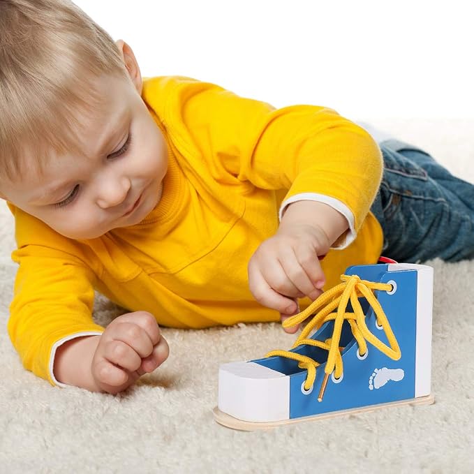NUOBESTY Shoe Tying Practice for Kids Preschool Learning Toys Learn to Tie Shoes Tying Practice Board Early Educational Developmental Wooden Toy Toddler 2pcs