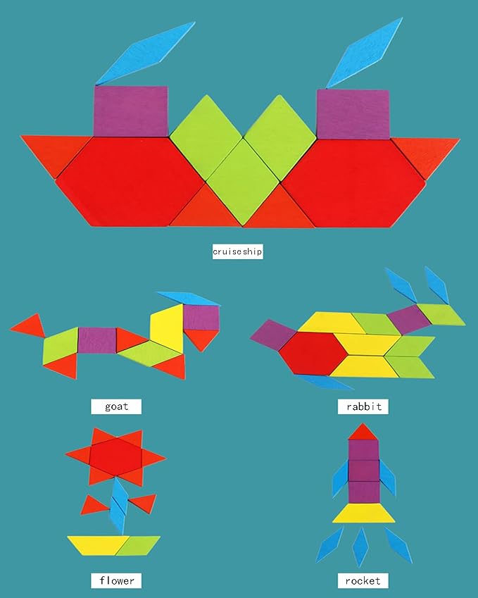 155 Pcs Wooden Pattern Blocks Set - Geometric Shape Puzzle for Kindergarten - Classic Educational Montessori Tangram Toys with 24 Design Cards for Kids Ages 3-8