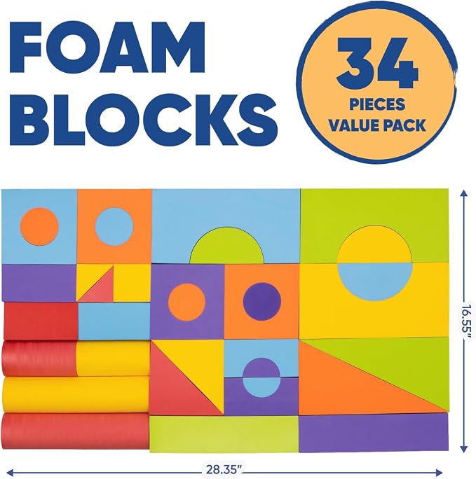 34 Large Foam Blocks for Toddlers - Stacking Soft Blocks for Kids Set | Giant EVA foam building blocks for kids - 34 soft colorful shapes to stack, with storage bag for daycare, preschool, or home
