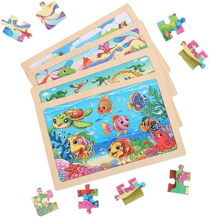 Puzzles for Kids Ages 4-6, 4 Packs 24 Piece Wooden Jigsaw Puzzle for Toddlers 5-8, Preschool Educational Puzzle Boards Toys Gifts for 4 5 6 7 8 Boys Girls