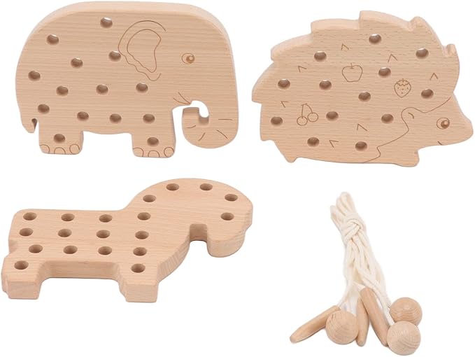 Fabater Wooden Lacing Toy for Toddlers - Animal Style Threading Toy, Safe Beech Wood Lace Block, Fine Motor Skill Early Education, 3-Pack Learning for Kids