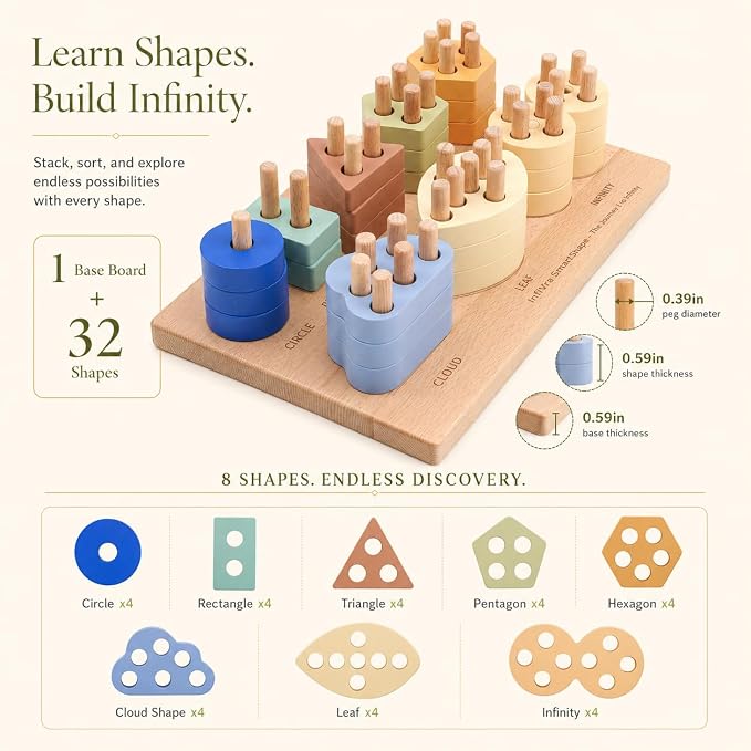 SmartShape — Montessori Wooden Shape Sorter with Cloud, Leaf & Infinity Shapes, Progressive 1-to-8 Peg Stacking Board for Toddlers 1-5, Fine Motor Learning Toy & Heirloom Gift