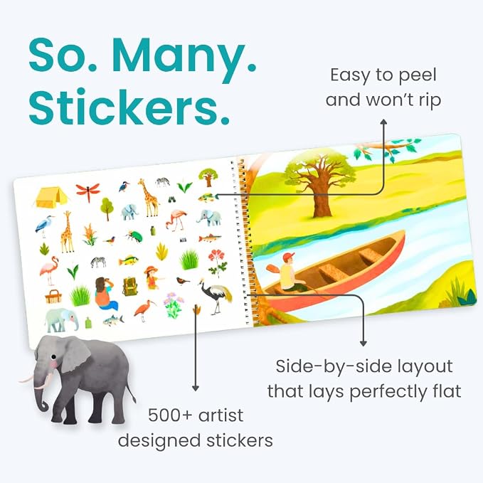 Cupkin Safari Animals Coloring & Sticker Activity Book | 500+ Stickers | Spiral-bound kids craft format with 12 scenes, 12 art pages, side-by-side viewing, and an easy-peel design for ages 2–8