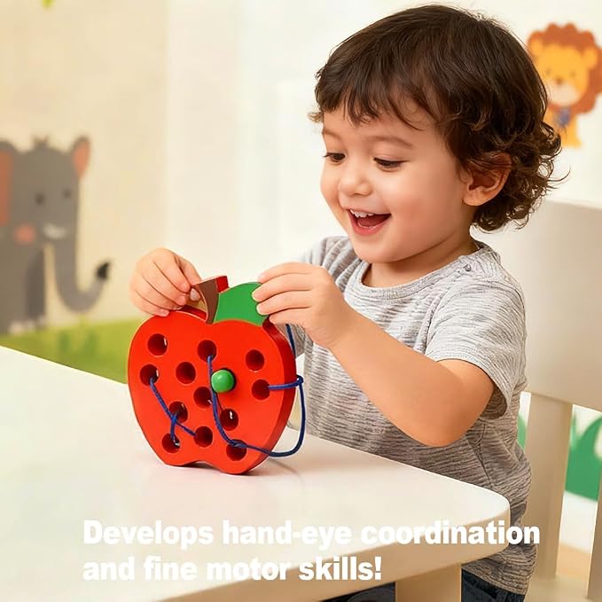 Lacing Toys for Kids,Wooden Threading Apple Travel Toys,Montessori Education Sensory Learning Fine Motor Skills, Wooden Block Puzzle Gifts for 3 Year Old Kids Boys Girls