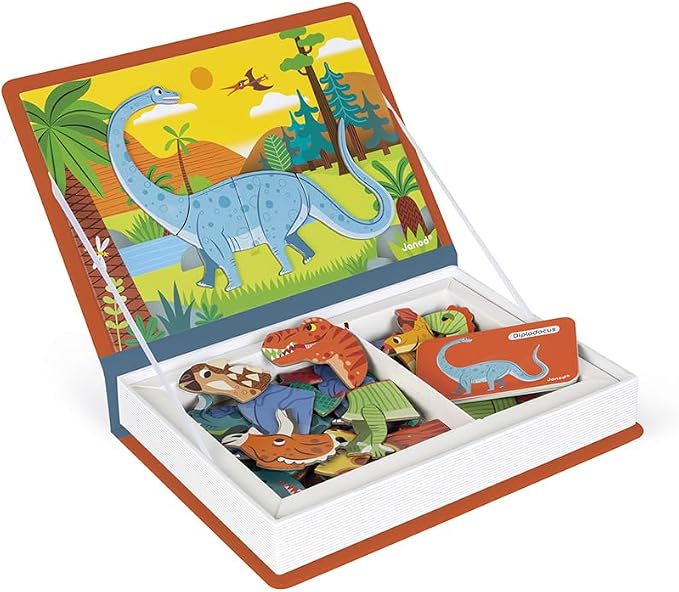 Janod - Magnetibook - Magnetic Dinosaur Mix and Match Game - 51 Magnets | Enhances Fine Motor Skills - Book Shaped Travel Storage Case - Perfect for Kids Ages 3 and Up - Fun Educational Toy
