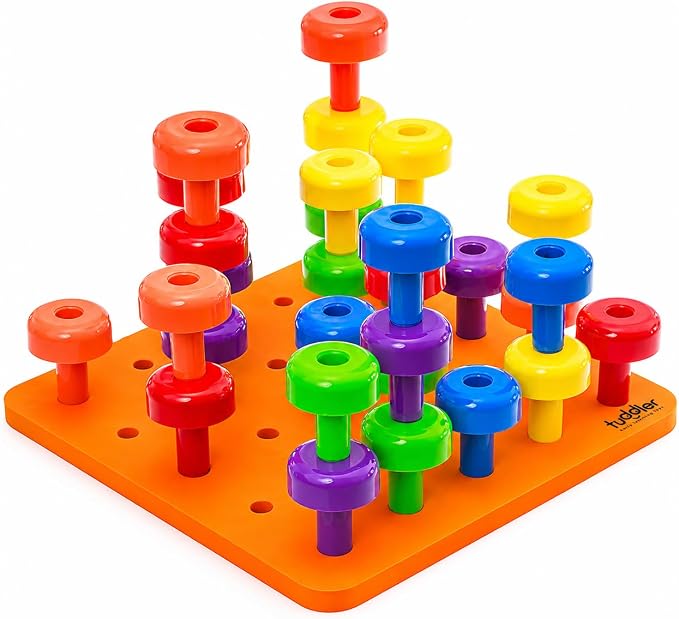 Toddler Peg Board Sensory Montessori Fine Motor Skills Educational Toys - 30 Stackable Pegs + Pattern Card + Drawstring Backpack + E-Book (Orange)