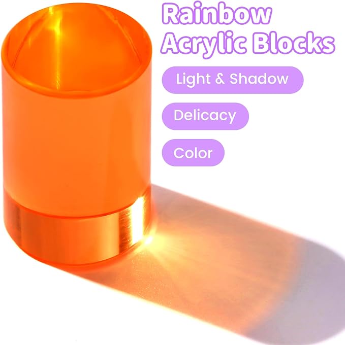 Rainbow Acrylic Blocks, 10 Stackable Cylinders for Kids Ages 3+ | 10 acrylic color blocks, 2 x 1 in, stackable, ages 3+, white paper box for gift wrap, preschool and light table use