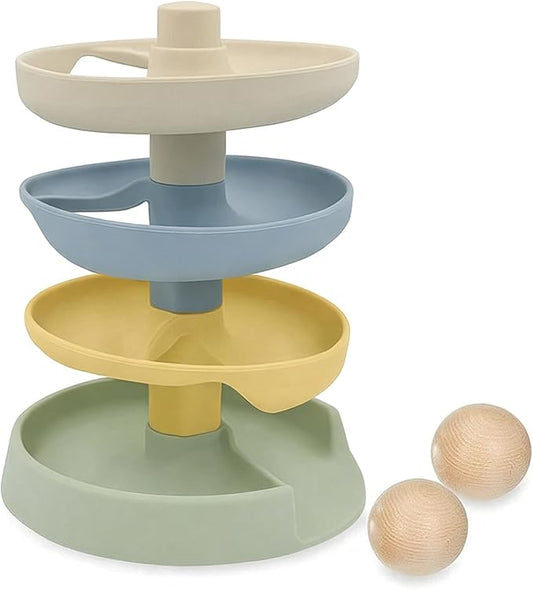 Silicone Ball Drop Tower Toy for Toddlers, 4-Tier Rolling Ramp Track with Wooden Balls, Soft Food-Grade Silicone Montessori Toy for Early Learning, Fine Motor Skill Development, Ages 1–3 | Includes 2 wooden balls, food-grade silicone, detachable design...