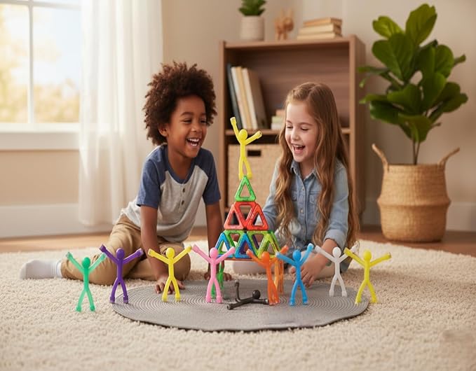 MAGMEN Magnetic People Figures, 20 Pc Magnet Men Kids Airplane Travel Toys | 3 in. poseable fidget figures, Mixed colors, magnets securely embedded. Quiet car, desk and road trip play. With metal tin.