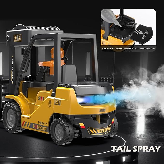 1:24 RC Forklift, 2 in 1 Transform Lift Fork & Hook, Kids Forklift Toy with Light & Sound & Spray, 11 Channel Remote Control Forklift, Construction Vehicles Toy Gift for Kids 6+