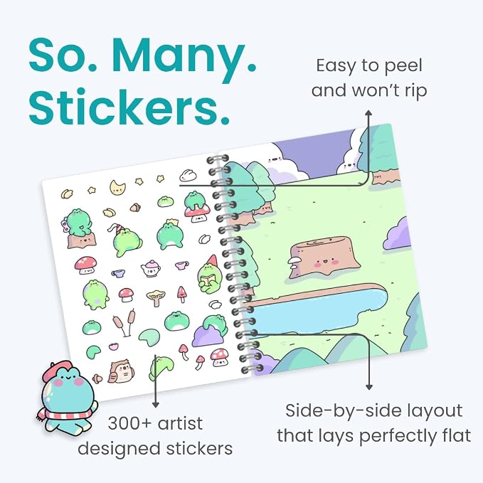 Cupkin Cute Frogs Coloring & Sticker Activity Book | 300+ Stickers | Spiral-bound kids craft format with 8 scenes, 8 art pages, side-by-side viewing, and an easy-peel design for ages 2–8