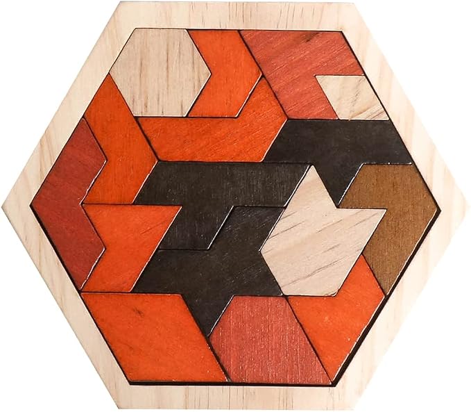 Wooden Hexagon Blocks Puzzle, STEM Brain Teaser Challenge for Kids Adults | Montessori Educational Toy, Geometric Shape Blocks, Logic IQ Game, Ideal Gift for Kids Teens Adults