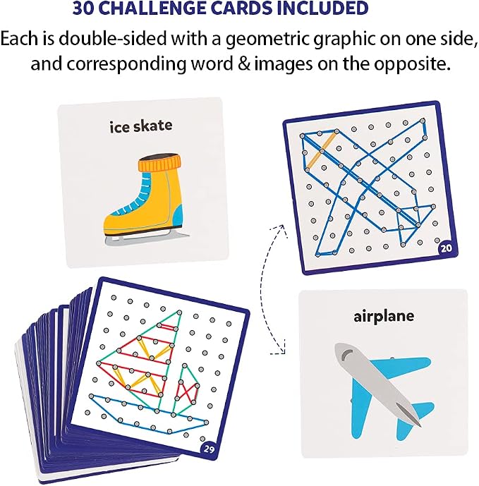 Coogam Wooden Geoboard Mathematical Manipulative Material Array Block Geo Board – Graphical Educational Toys with 30Pcs Pattern Cards and Latex Bands Shape STEM Puzzle Matrix 8x8 Brain Teaser for Kid