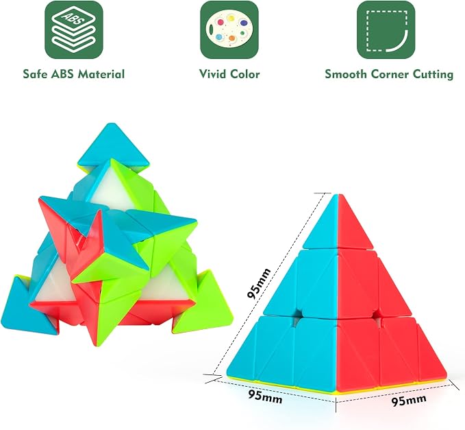 Stickerless Pyraminx Speed Cube with Stand & Guide for Kids & Adults | Smooth-turning STEM puzzle with display stand. Great for classrooms, travel, office desks, gifts and brain training.