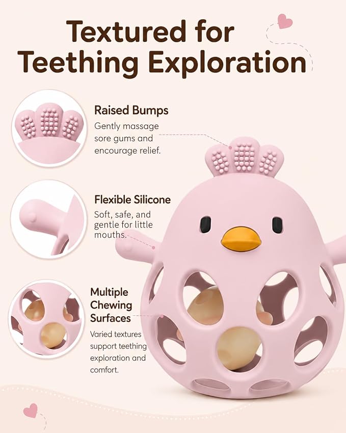 Tinabless Baby Teether Rattle Toys, 2-in-1 Easy Grip Silicone Teething for Babies 3-12 Months, BPA-Free Sensory Chew Toy for Sore Gums, Infant Gift (Pink w/Rattle)