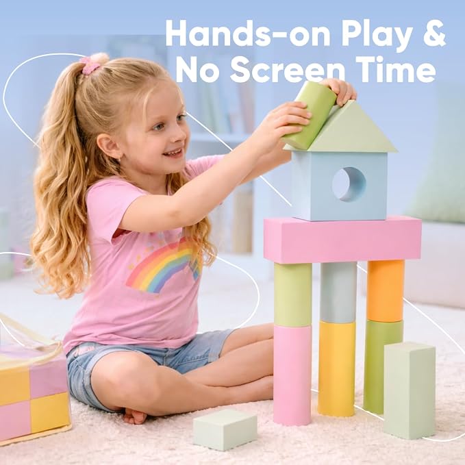 34 Large Foam Blocks for Toddlers - Pastel Stacking Soft Blocks for Kids | 34 jumbo soft EVA foam blocks in pastel colors - stack, build and float in the bath. Storage bag included. Non-toxic, ages 3+