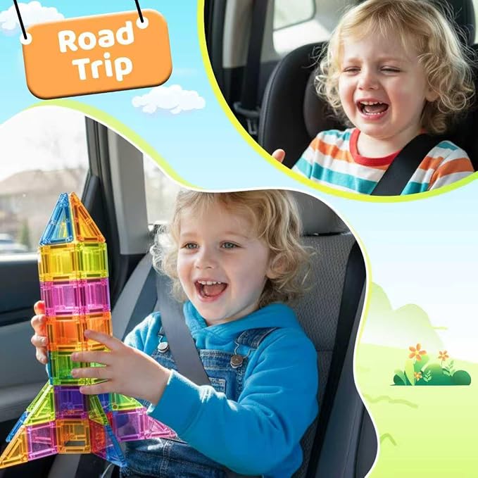 Mini Magnetic Tiles,78PCS Travel Magnetic Tiles Set with Iron Box,Portable Building Blocks for Kids Ages 3+,Car Airplane Travel Essentials Kids Toy,Creative STEM Toys Birthday Gift for Boys & Girls