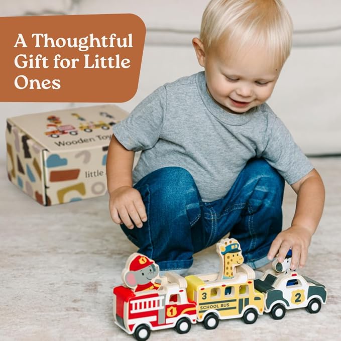 Little Acorn, Wooden Pull Back Cars with Mix & Match Characters | Montessori Toys for 1 & 2 Year Old | Car Toys for Toddlers 1-3 | Baby Toys 6-12 Months | Birthday Gifts for Boys Girls