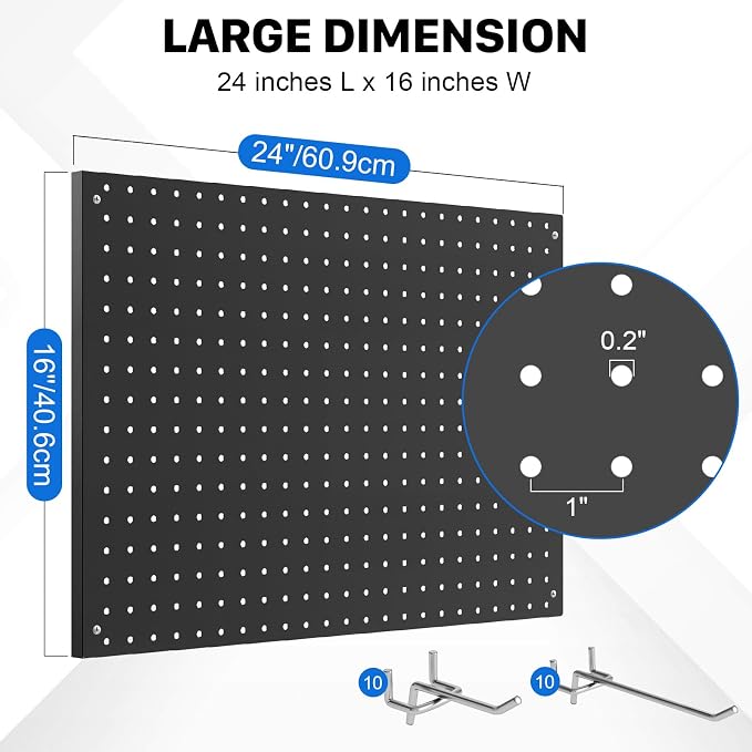 Peg Board, 2 Pack Metal Pegboard Panels Black Pegboards Wall Organizer with Frame Large Heavy Duty Peg Board with Hooks for Walls Home,Garage Tool Storage,Office Organization,Kitchen 24”×16”
