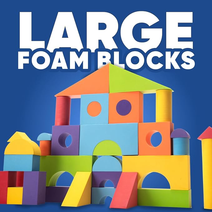 34 Large Foam Blocks for Toddlers - Stacking Soft Blocks for Kids Set | Giant EVA foam building blocks for kids - 34 soft colorful shapes to stack, with storage bag for daycare, preschool, or home