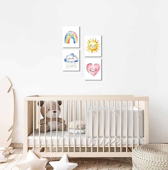 Framed Girls Rainbow Canvas Wall Decor Watercolor Sun Cloud Heart Decor | Kids Sunshine Painting for Classroom Kids Room Baby Room Bedroom Dormitory Decor 8''X10''