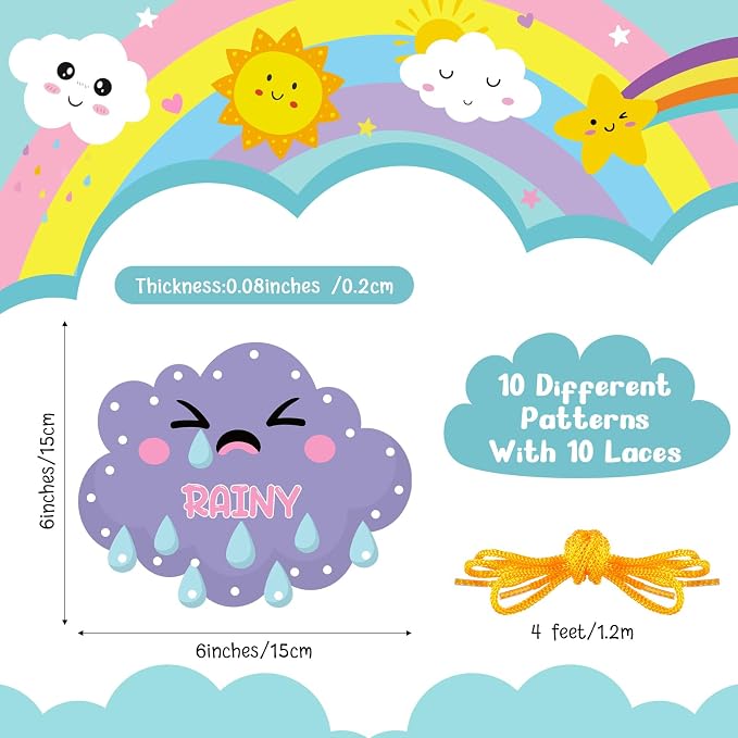 Funrous 10 Pieces Kids Recognition Lacing Cards,Weather | Thick Cardboard Educational Sewing Cards, Double Sided Lacing Playing Games, For Preschool Developing Imagination Supplies