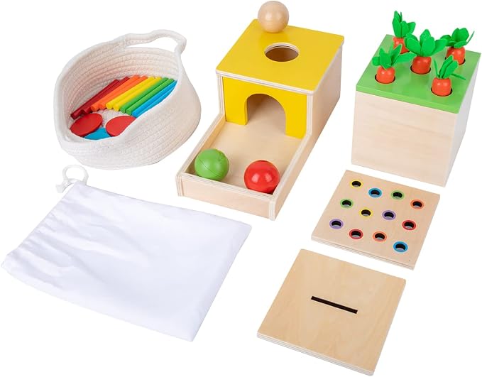 Adena Montessori 4 in 1 Wooden Play Kit for Babies 6-12 Months | Object permanence box, color drop, carrot, coin box, ball drop for hand eye coordination, fine motor, cognitive skills