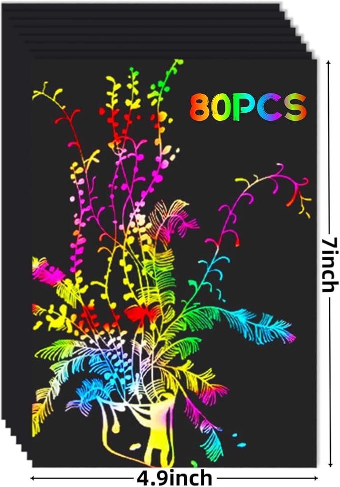 Cityrosy Scratch Art Paper Rainbow Sets 80 Pcs Scratch Off Crafts Paper | Black Easter Gifts for Kids Magic Scratch Off Set Crafts Supplies Kits for Age 3-12 Kids for Party Games Easter Christmas