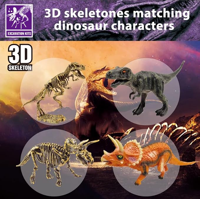 Dinosaur Fossil Dig Kit, Dino Excavation Kits for Kids, Educational Science Kits, Dinosaur Toys for Kids, Dig up 2 3D Skeleton Puzzles and 2 Dino Figures Including T-Rex, Triceratops
