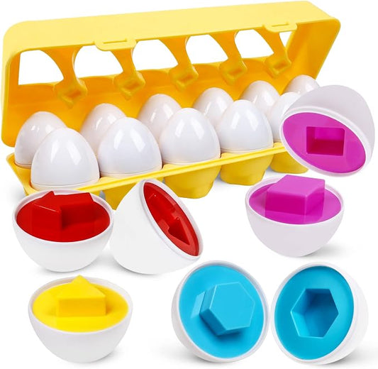 Montessori Geometric Eggs,12 pcs Set Color & Shape Egg Puzzle Toys Matching Eggs for Toddlers,Preschool Educational Sorting Game Fine Motor Toy Easter Gifts for Kids Boys Girls
