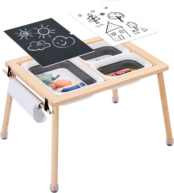 Sensory Table for Toddlers Kids, Wooden Activity Table for Play Study Paper Roll Holder Indoor/Outdoor Montessori Play Sand and Water Table with Foldable Toys Storage Bins