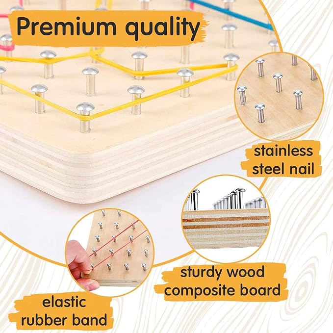 Wooden Geoboard - Montessori Toys for 3 4 5 Year Old Kids and Toddlers, Educational Toy with 30 Pattern Cards and 40 Rubber Bands to Create Figures, Brain Teaser STEM Toy Geo Board