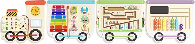 Montessori Sensory Board - Electric Train Wooden Wall Busy Board, Toddler Learning Panel Wall-Mounted, Interactive Playroom Activity Gifts for Kid, Educational Toys for 3-6 Years (Colorful Train)