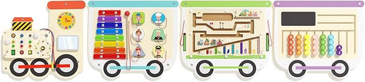 Montessori Sensory Board - Electric Train Wooden Wall Busy Board, Toddler Learning Panel Wall-Mounted, Interactive Playroom Activity Gifts for Kid, Educational Toys for 3-6 Years (Colorful Train)