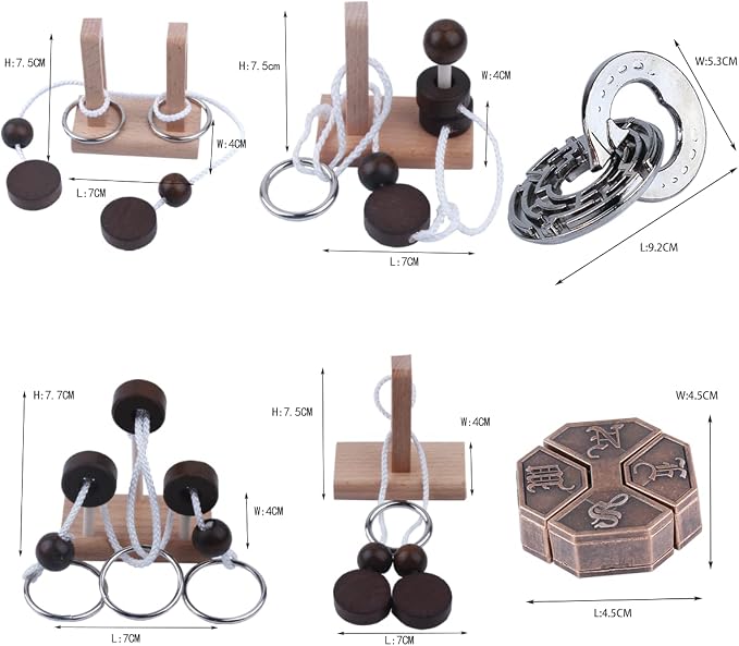 Wooden and Metal 3D Unlock Interlock Assorted Brain Teasers Puzzles，IQ Logic Training Family Game Party Favor Coffee Table Time Unlock Interlock Mind Puzzles Box（6Pcs）