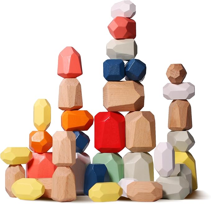 36PCS Wooden Stacking Rocks, Montessori Toys for 3 4 5 Year Old | Building Blocks Game Sensory Preschool Learning Activities Toys, Balancing Stones Birthday Gifts for Kids Girls Boys