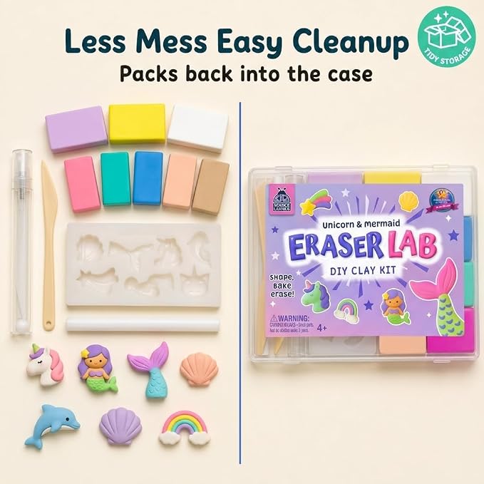 Eraser Lab Mermaid & Unicorn Eraser Making Kit for Kids 4-12 | Birthday Gift for Girls Ages 5-10, DIY Clay Eraser Kit, Gift for 7 Year Old Girl, Back to School Supply