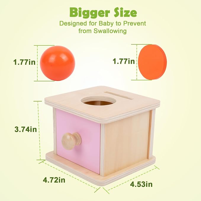 Adena Montessori Pink Wooden Coin Box 2 in 1 Object Permanence Toy 6+ Mo | Includes 6 colorful wood discs and a ball, works as color shape sorter and baby toy storage, smooth burr-free linden wood