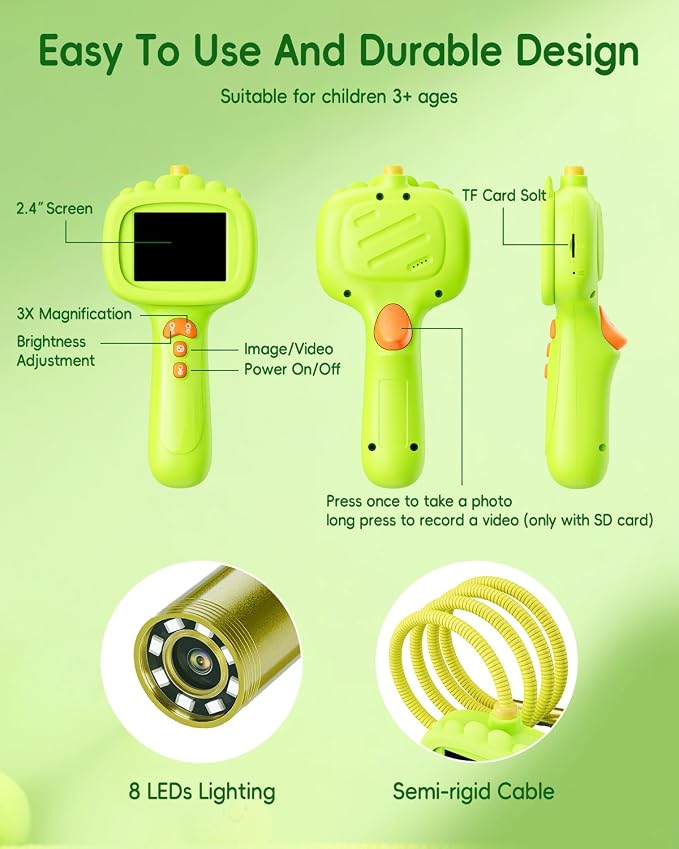 Borescope Camera with Light for Kids, Ashfly STEM Science Educational Toy for 3 4 5 6 7 8 Years Old Boys & Girls, 2.4" Screen Snake Scope Camera for Birthday Outdoor Camping Nature Exploration-Green