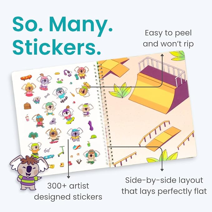 Cupkin Koality Time Cute Koala Coloring & Sticker Book | 300+ Stickers | Spiral-bound kids craft format with 8 scenes, 8 art pages, side-by-side viewing, and an easy-peel design for ages 2–8
