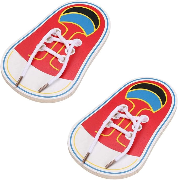 Calsgkspray 2Pcs Red Shoes Learning Toy Kits,Learn to Tie Your Own for Kids Practical Learning Toys for Young Children Training Board Kids Toddler Early Wooden Threading Lacing Shoes Craft Kits