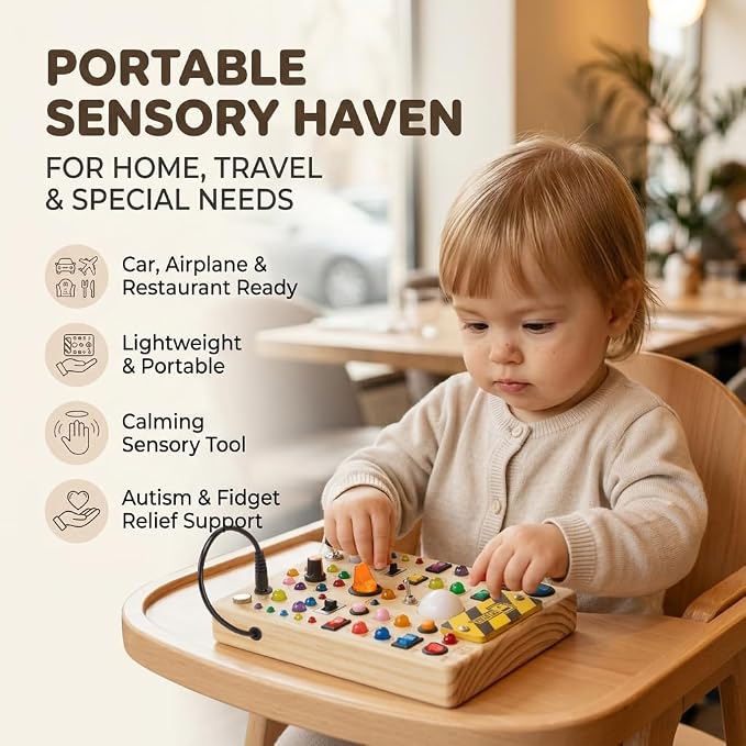 RichBoy Busy Boards, Lights Switch-Style, Wooden, 59-in-1, Large | Toddlers Birthday Gifts, Montessori Toys, Autism Sensory, Fine Motor Skills, Educational Learning, Travel Essentials