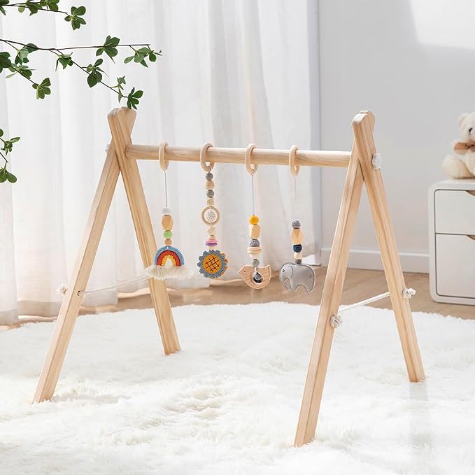 Foldable Baby Play Gym with Natural Pine Wood and Hanging Bar for Infant Activities, Ideal Gift for Newborn Boys and Girls