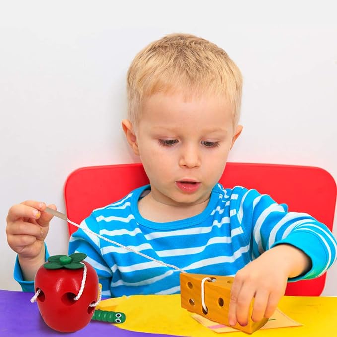 Sealive Early Development Wooden Lacing Toys, Montessori Activity | Caterpillars Eat Apple and Kids Cheese Toys, Children Learning Educational Wood Block Puzzles for Toddlers Boys Girls