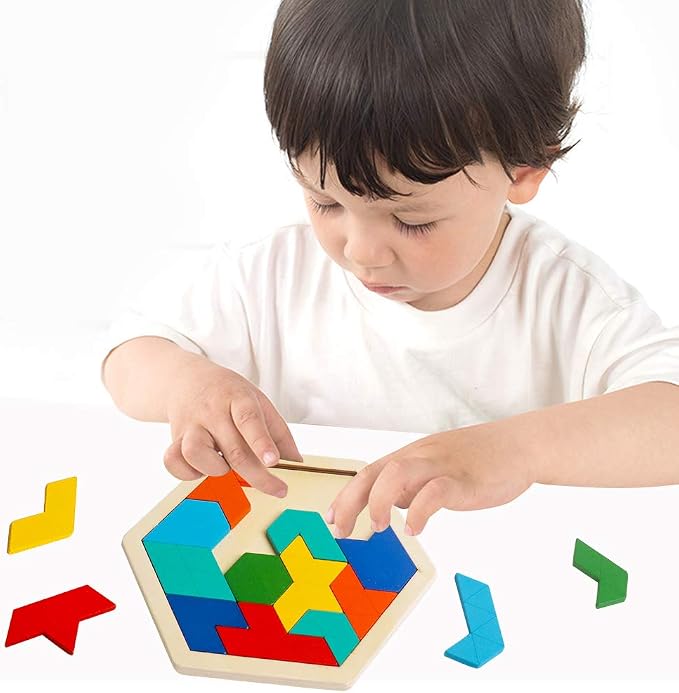 Wooden Hexagon Puzzle, Geometry Logic IQ Brain Blocks for Kids & Adults | Montessori Educational Toy, Geometric Shape Blocks, Logic IQ Game, Ideal Gift for Kids Teens Adults