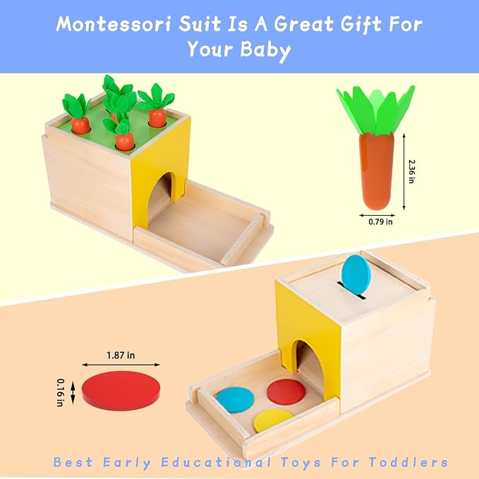 Adena Montessori 5 in 1 Wooden Play Kit for Babies 6-12 Months | Object permanence, drop, carrot, coin - builds motor skills and hand-eye, durable, colorful self-play.