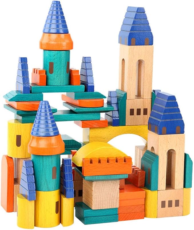 Xylolin Wooden Castle Building Blocks Set, Big Solid Beech Wood Toddlers Stacking Block Toy, Kids Construction Playset for Boys Girls 69 Pieces Set