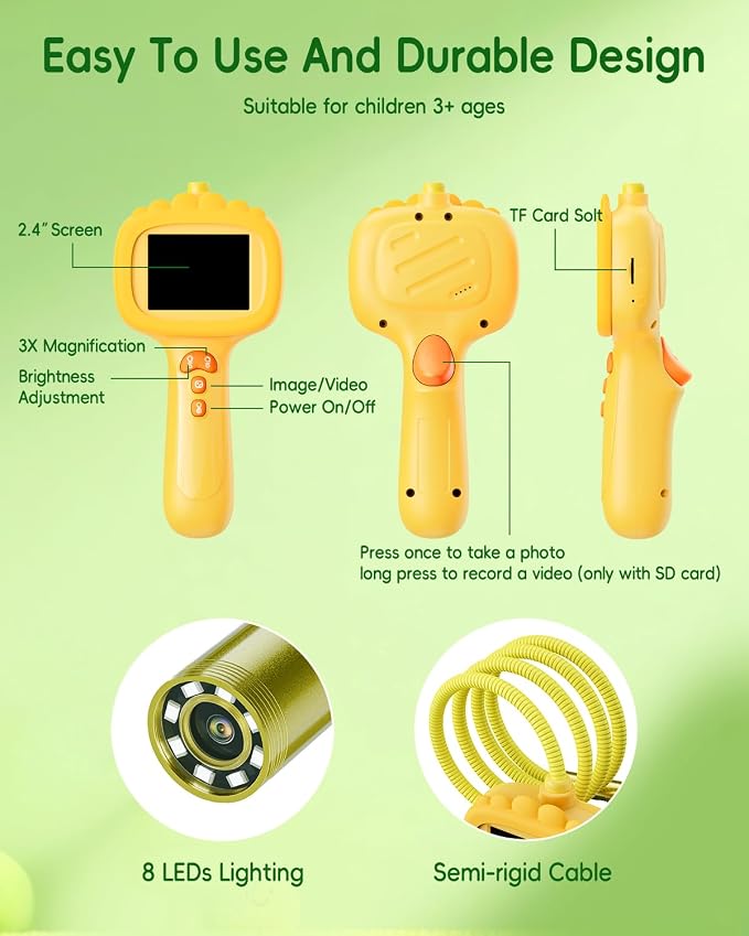 Borescope Snake Camera with Light for Kids, Outdoor Educational STEM Toys, Science Gifts for 5 Year Old Boy, Camping Nature Activities, Best Birthday Gift for Boys, Girls Ages 4,5,6,7,8,9,10(Orange)